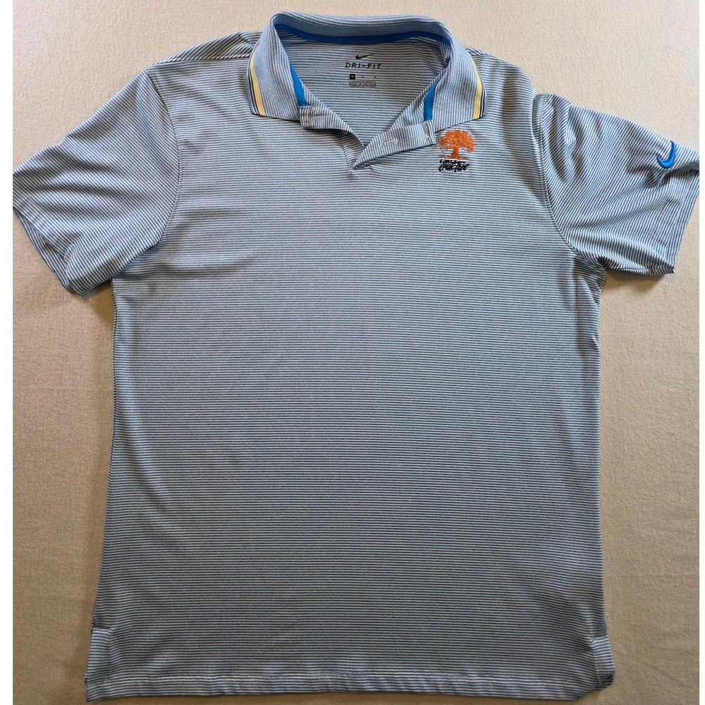 Nike Polo Shirt Men M Blue White Stripe Golf Dri-Fit Short Sleeve Club Logo PGA